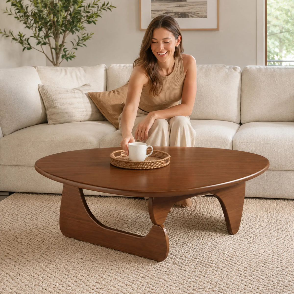 LIVARA Solid Wood Coffee Table FAS Grade Oak 20mm Thick Top Irregular Egg Shape for Living Room Apartment Lounge - Walnut