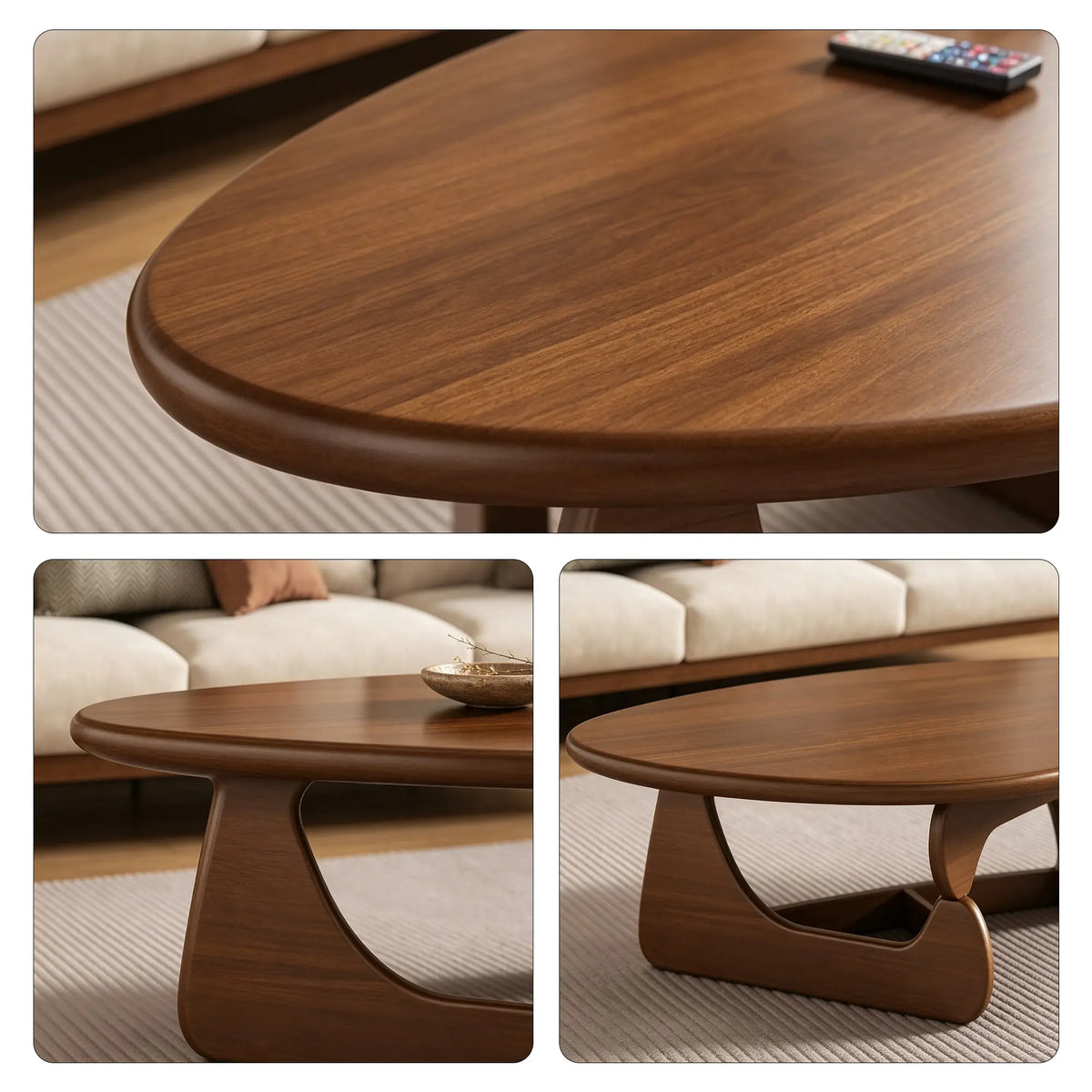 LIVARA Solid Wood Coffee Table FAS Grade Oak 20mm Thick Top Irregular Egg Shape for Living Room Apartment Lounge - Walnut