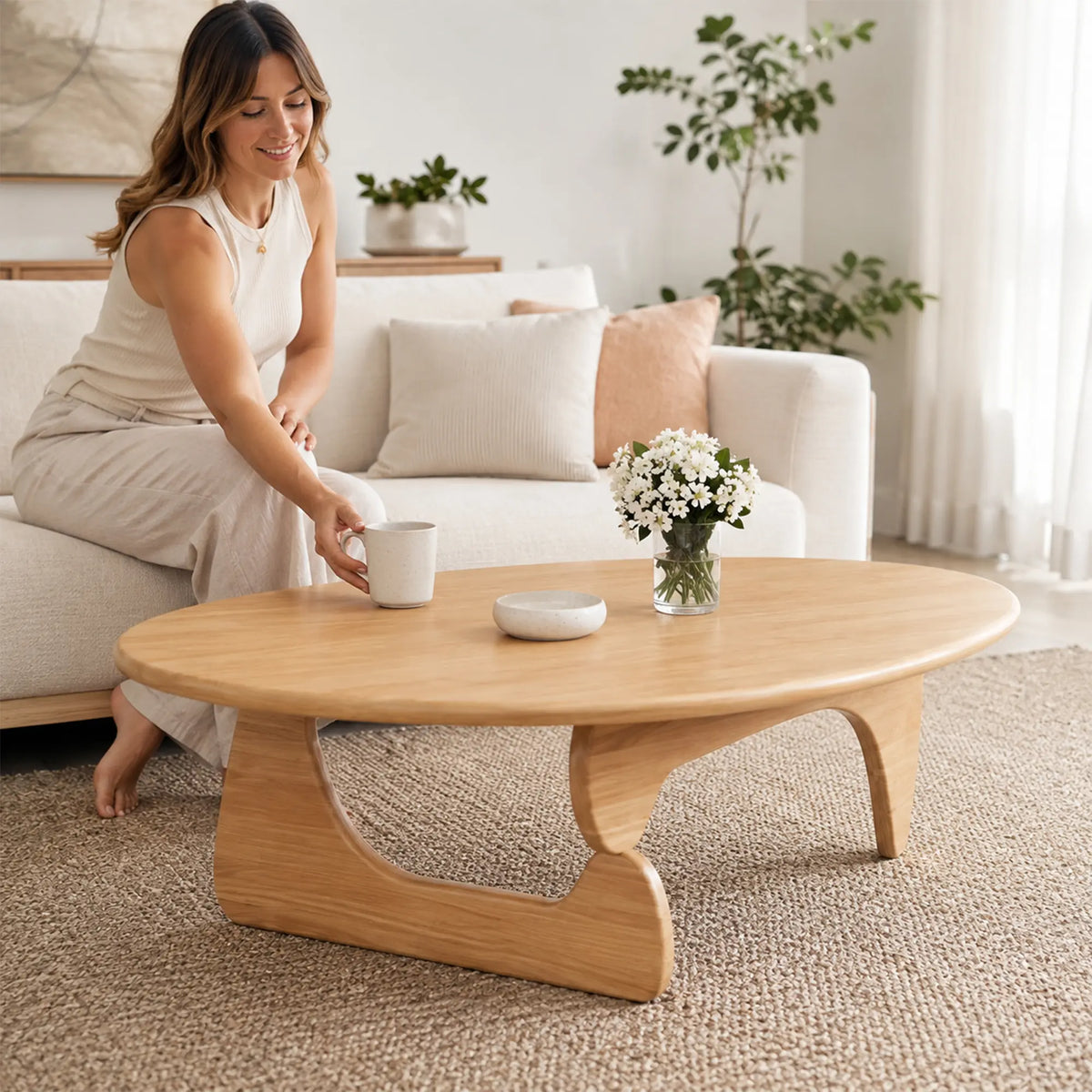LIVARA Solid Wood Coffee Table FAS Grade Oak 20mm Thick Top Irregular Egg Shape for Living Room Apartment Lounge - Wood