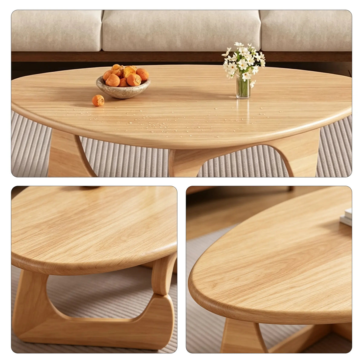 LIVARA Solid Wood Coffee Table FAS Grade Oak 20mm Thick Top Irregular Egg Shape for Living Room Apartment Lounge - Wood
