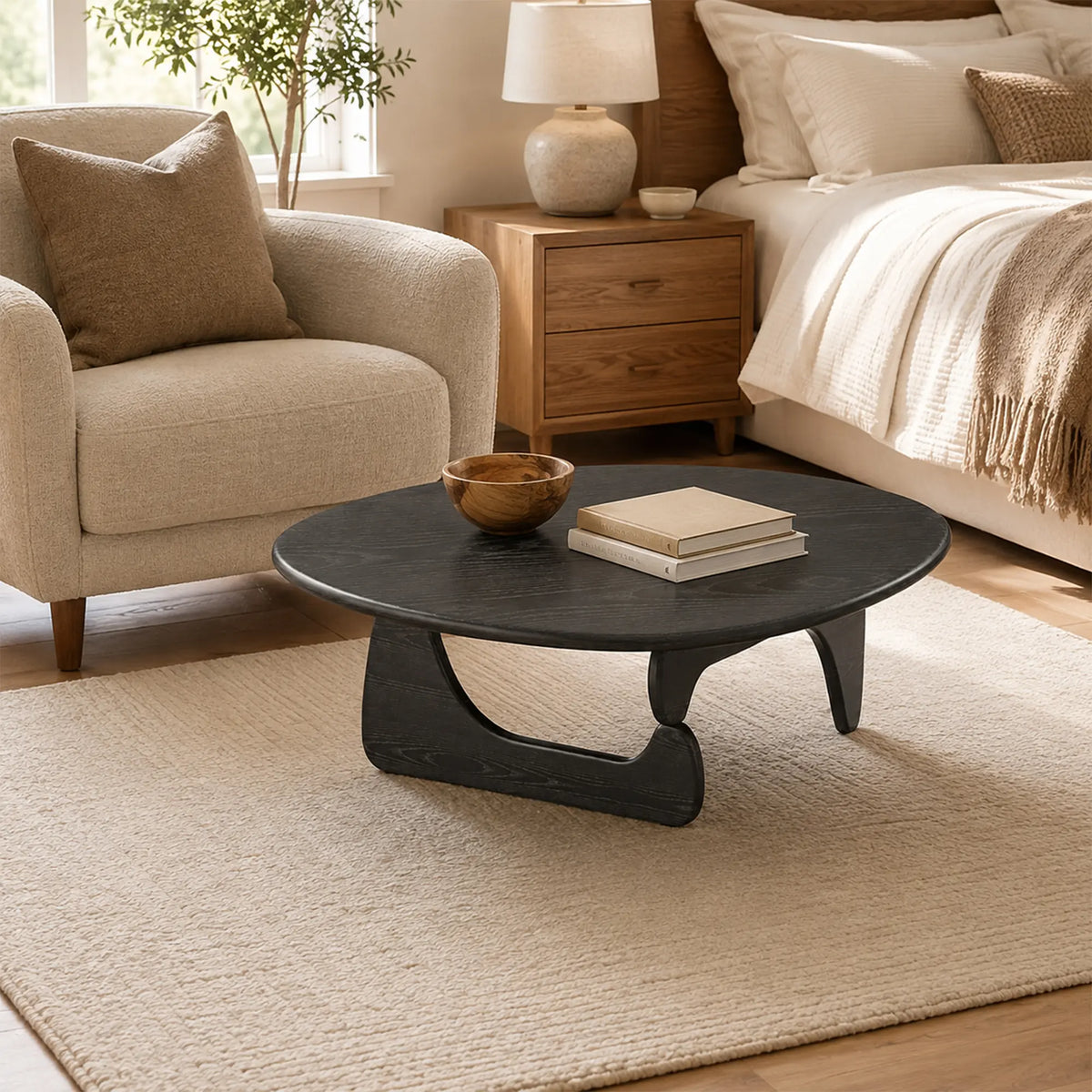 LIVARA Solid Wood Coffee Table FAS Grade Oak 20mm Thick Top Irregular Egg Shape for Living Room Apartment Lounge - Black