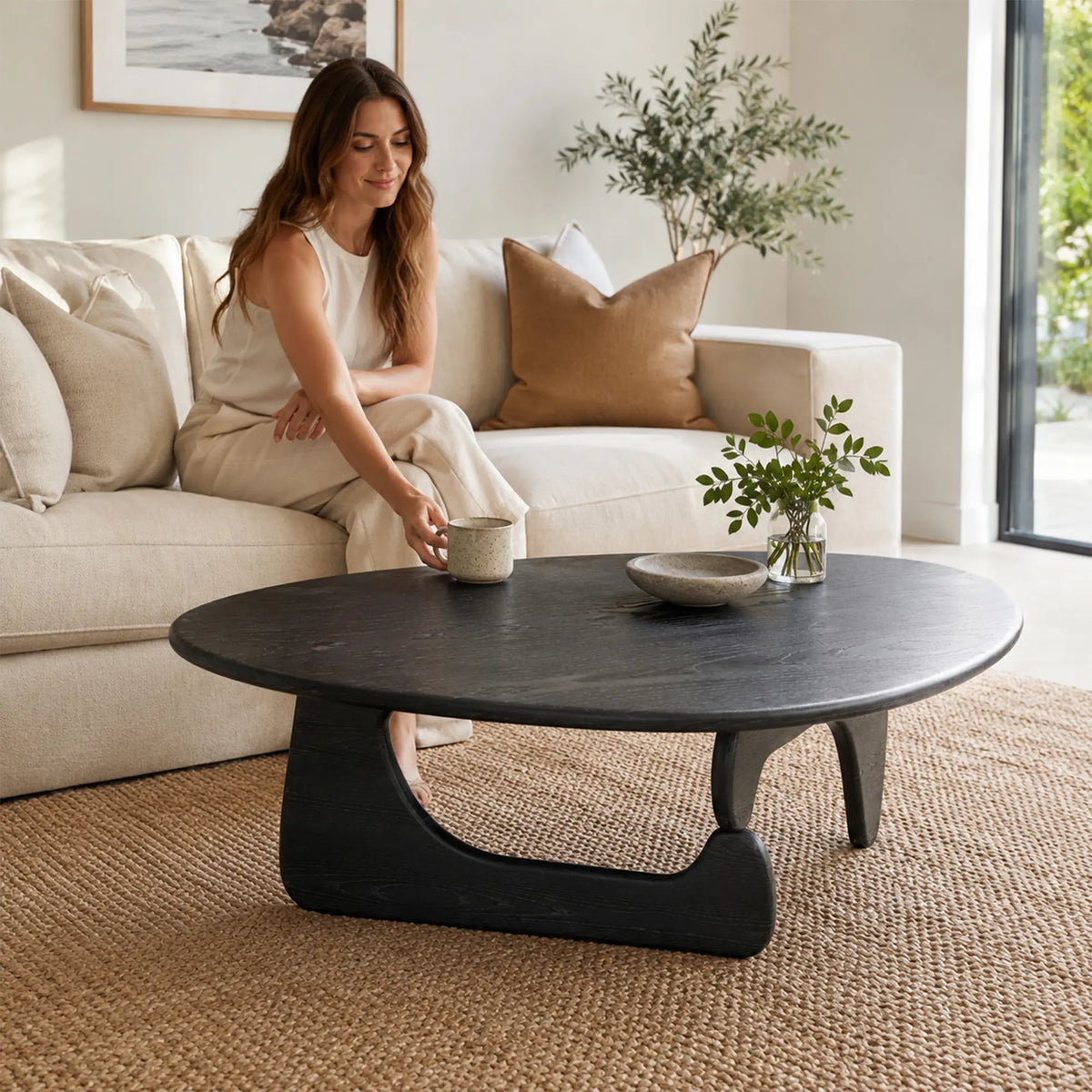 LIVARA Solid Wood Coffee Table FAS Grade Oak 20mm Thick Top Irregular Egg Shape for Living Room Apartment Lounge - Black
