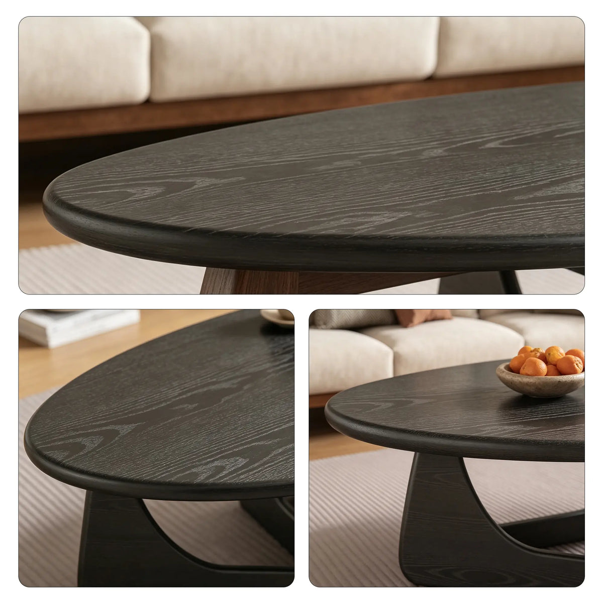 LIVARA Solid Wood Coffee Table FAS Grade Oak 20mm Thick Top Irregular Egg Shape for Living Room Apartment Lounge - Black