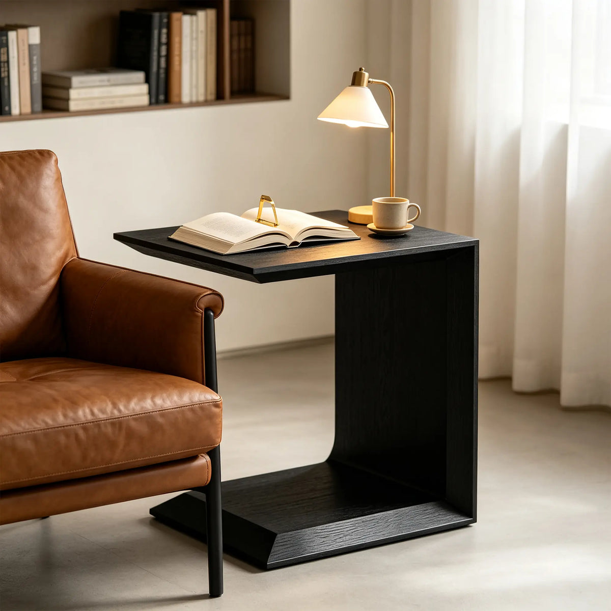 LIVARA C Shaped Solid Wood Side Table North American Ash Wood Offset Base Rounded Edge for Sofa Bedside Reading Corner - Black