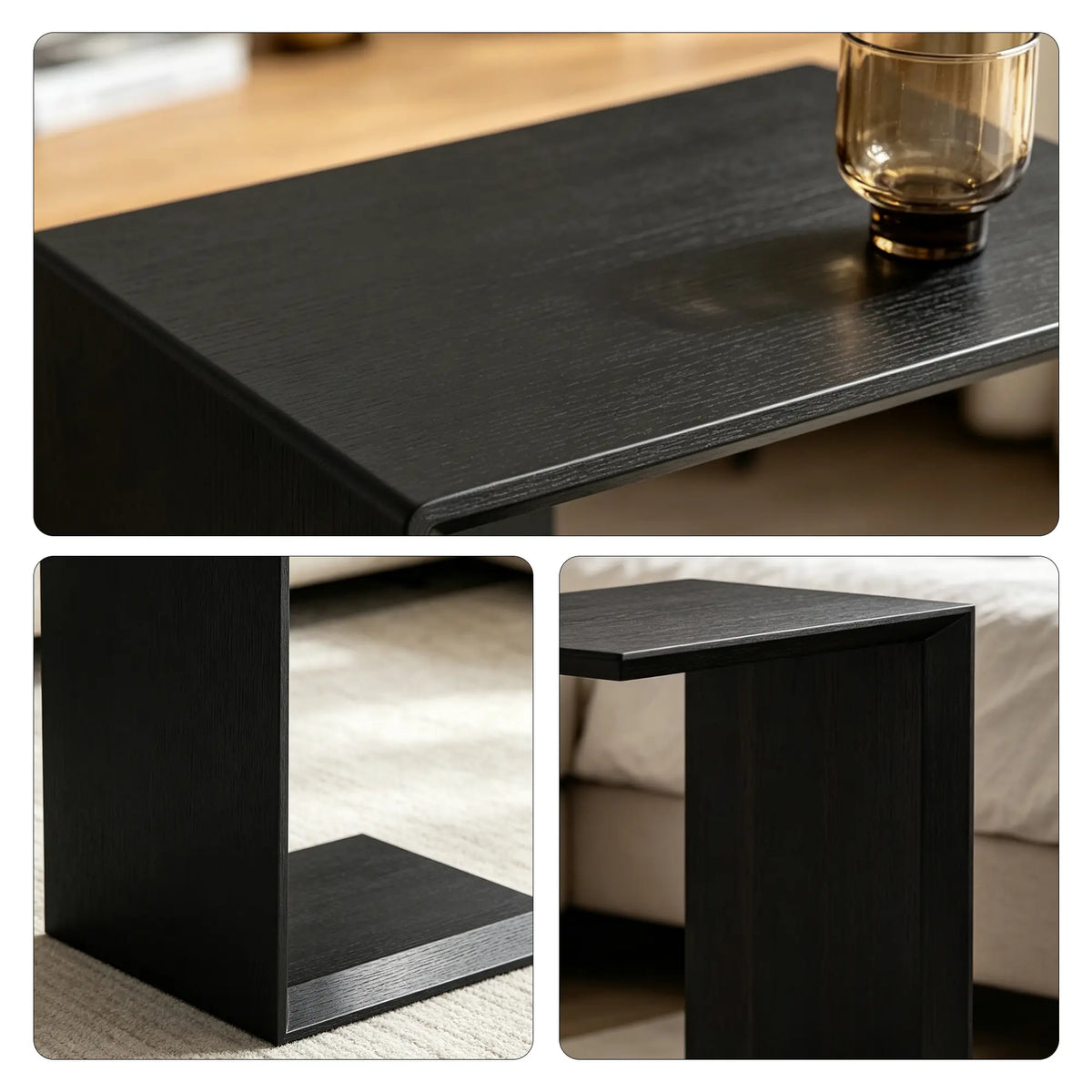 LIVARA C Shaped Solid Wood Side Table North American Ash Wood Offset Base Rounded Edge for Sofa Bedside Reading Corner - Black