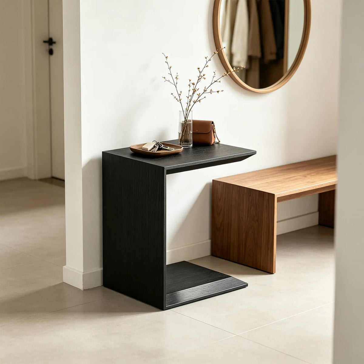 LIVARA C Shaped Solid Wood Side Table North American Ash Wood Offset Base Rounded Edge for Sofa Bedside Reading Corner - Brown