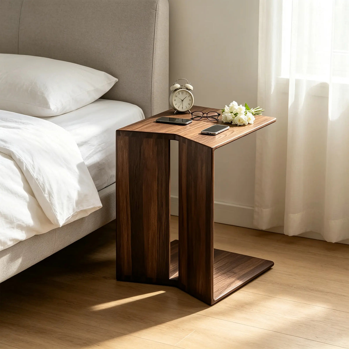 EN LIVARA Modern Ash Wood Side Table C Shaped Design Stable Support Baked Paint Finish for Living Room Bedroom Lounge - Walnut