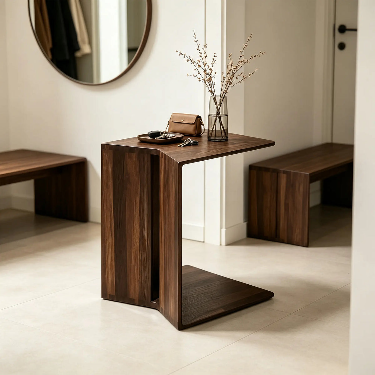 EN LIVARA Modern Ash Wood Side Table C Shaped Design Stable Support Baked Paint Finish for Living Room Bedroom Lounge - Walnut