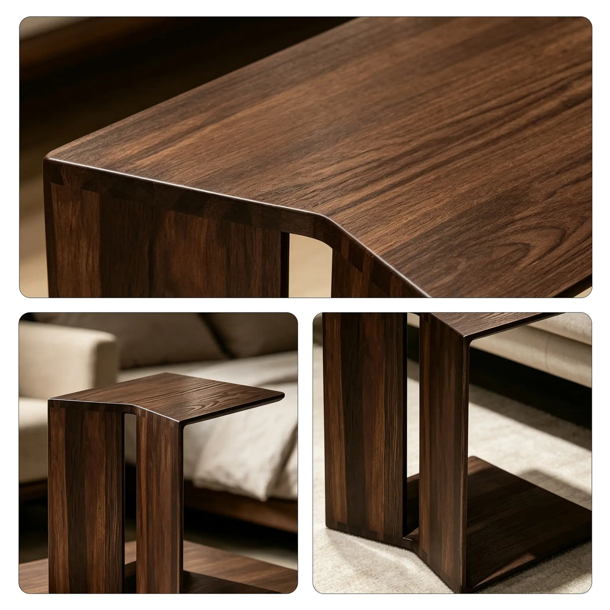EN LIVARA Modern Ash Wood Side Table C Shaped Design Stable Support Baked Paint Finish for Living Room Bedroom Lounge - Walnut