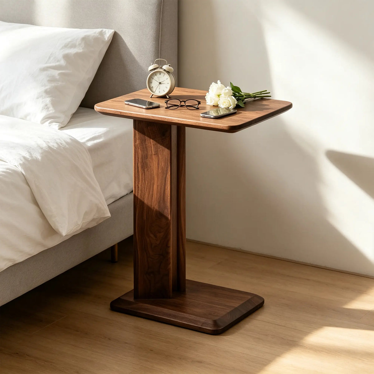 LIVARA Modern Ash Wood Side Table Compact C Shape Baked Paint Finish Stable Support for Living Room Bedroom Lounge - Walnut