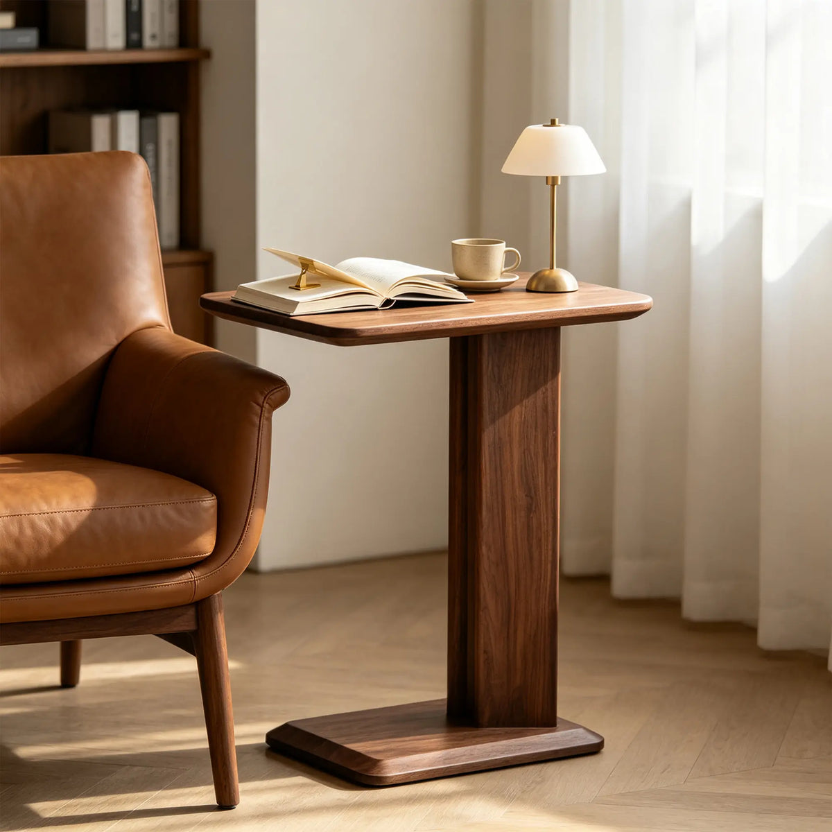 LIVARA Modern Ash Wood Side Table Compact C Shape Baked Paint Finish Stable Support for Living Room Bedroom Lounge - Walnut
