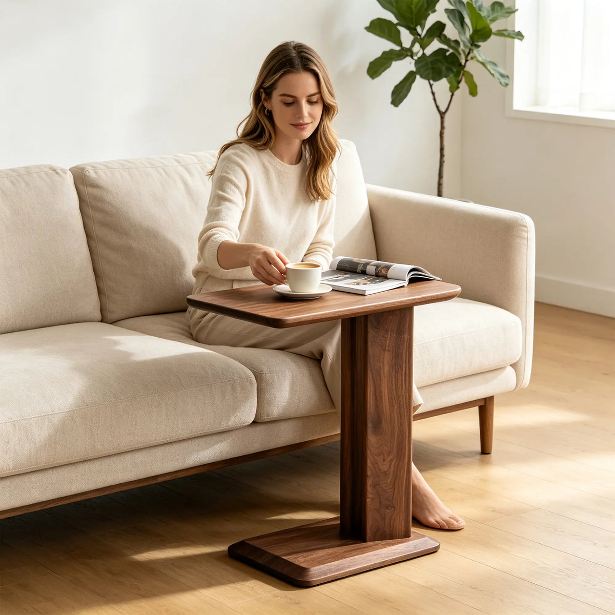 LIVARA Modern Ash Wood Side Table Compact C Shape Baked Paint Finish Stable Support for Living Room Bedroom Lounge - Walnut