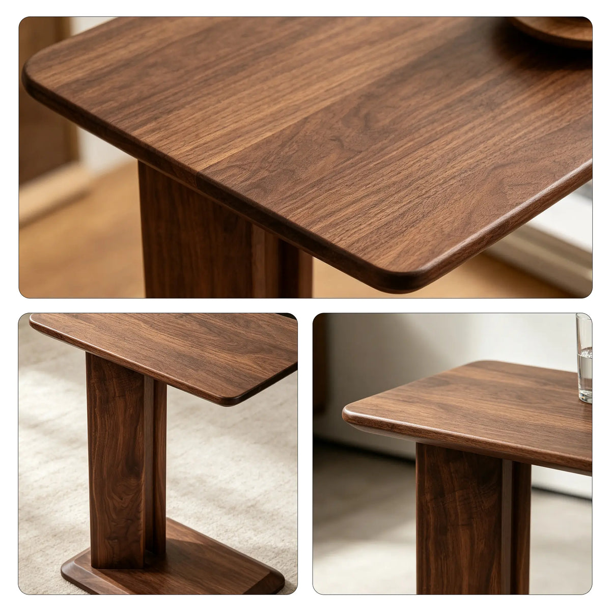 LIVARA Modern Ash Wood Side Table Compact C Shape Baked Paint Finish Stable Support for Living Room Bedroom Lounge - Walnut