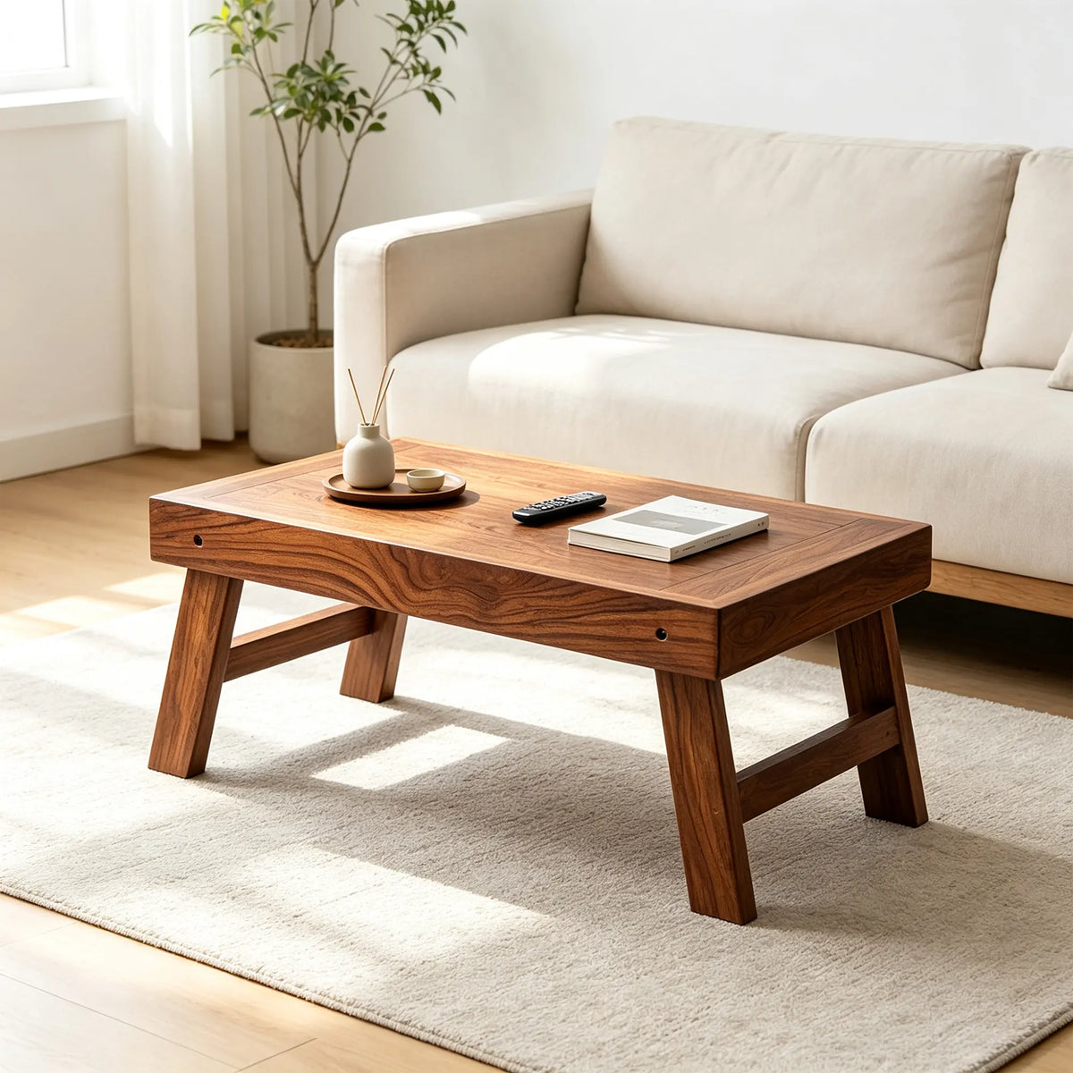 LIVARA Folding Teak Coffee Table Aged Thai Teak 6cm Folded Design Wood Wax Oil Finish for Living Room Bedroom Bay Window