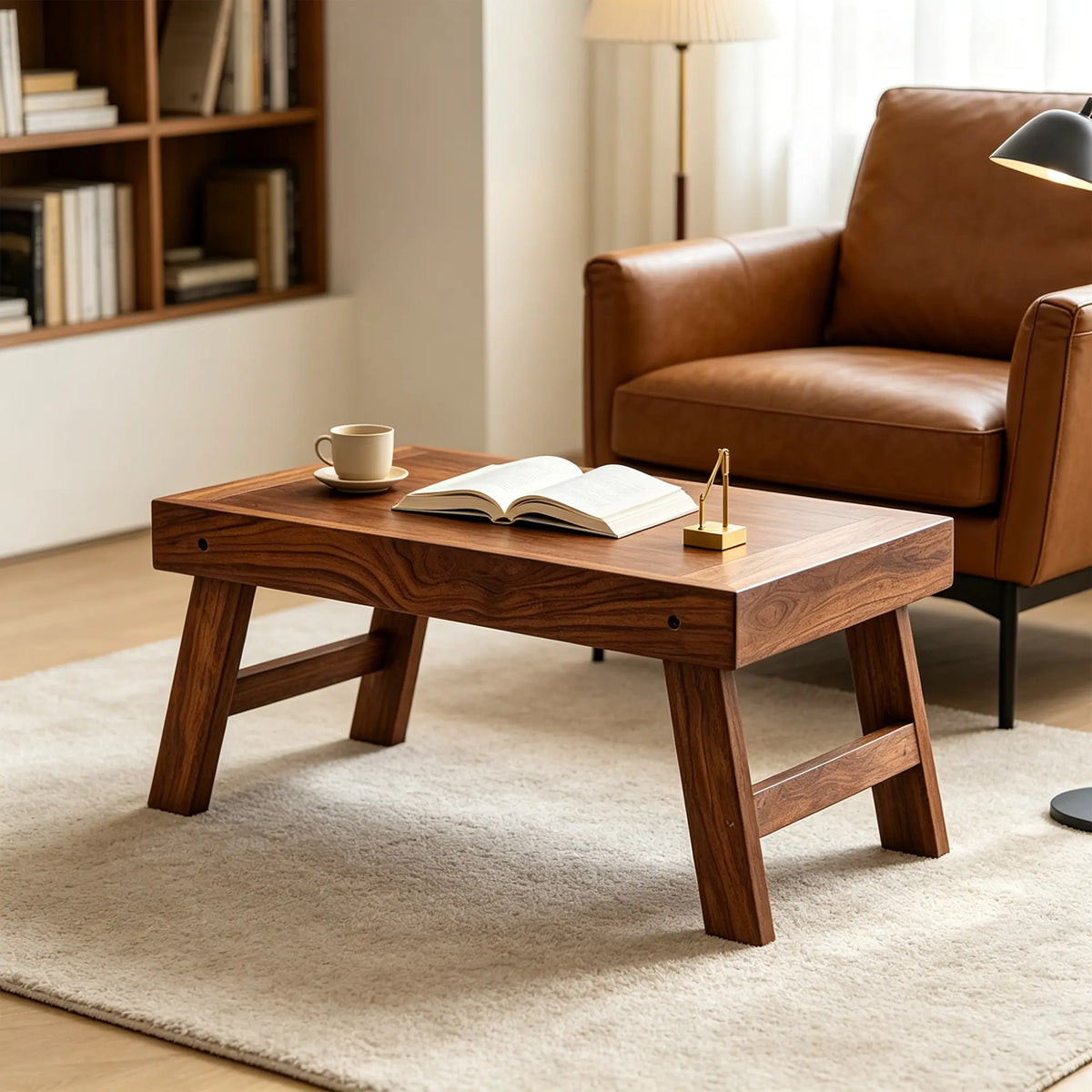 LIVARA Folding Teak Coffee Table Aged Thai Teak 6cm Folded Design Wood Wax Oil Finish for Living Room Bedroom Bay Window