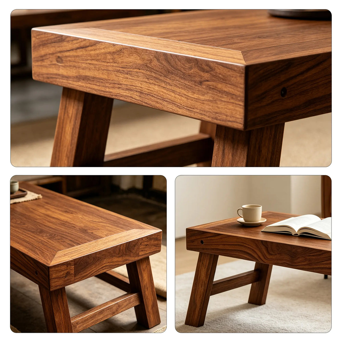 LIVARA Folding Teak Coffee Table Aged Thai Teak 6cm Folded Design Wood Wax Oil Finish for Living Room Bedroom Bay Window
