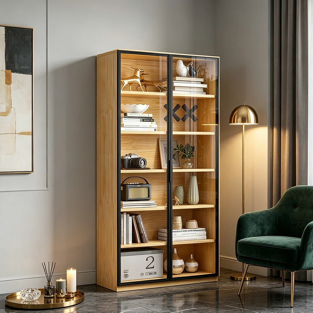 LIVARA 2-Door Display Cabinet - Solid Wood Glass Storage 207/240cm for Living Room & Office - Light Wood