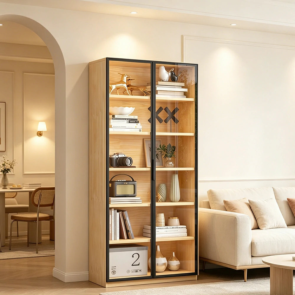 LIVARA 2-Door Display Cabinet - Solid Wood Glass Storage 207/240cm for Living Room & Office - Light Wood