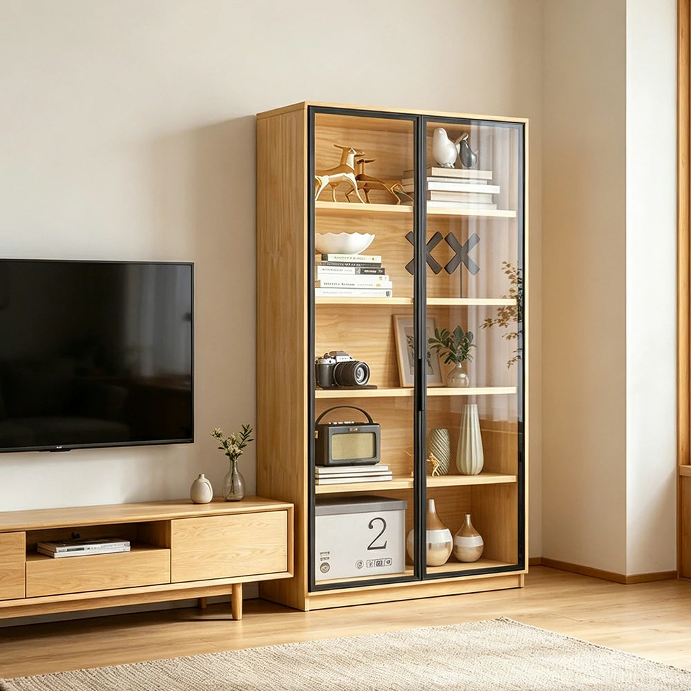 LIVARA 2-Door Display Cabinet - Solid Wood Glass Storage 207/240cm for Living Room & Office - Light Wood
