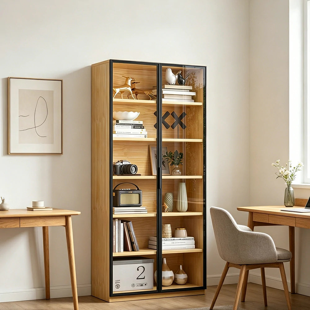 LIVARA 2-Door Display Cabinet - Solid Wood Glass Storage 207/240cm for Living Room & Office - Light Wood