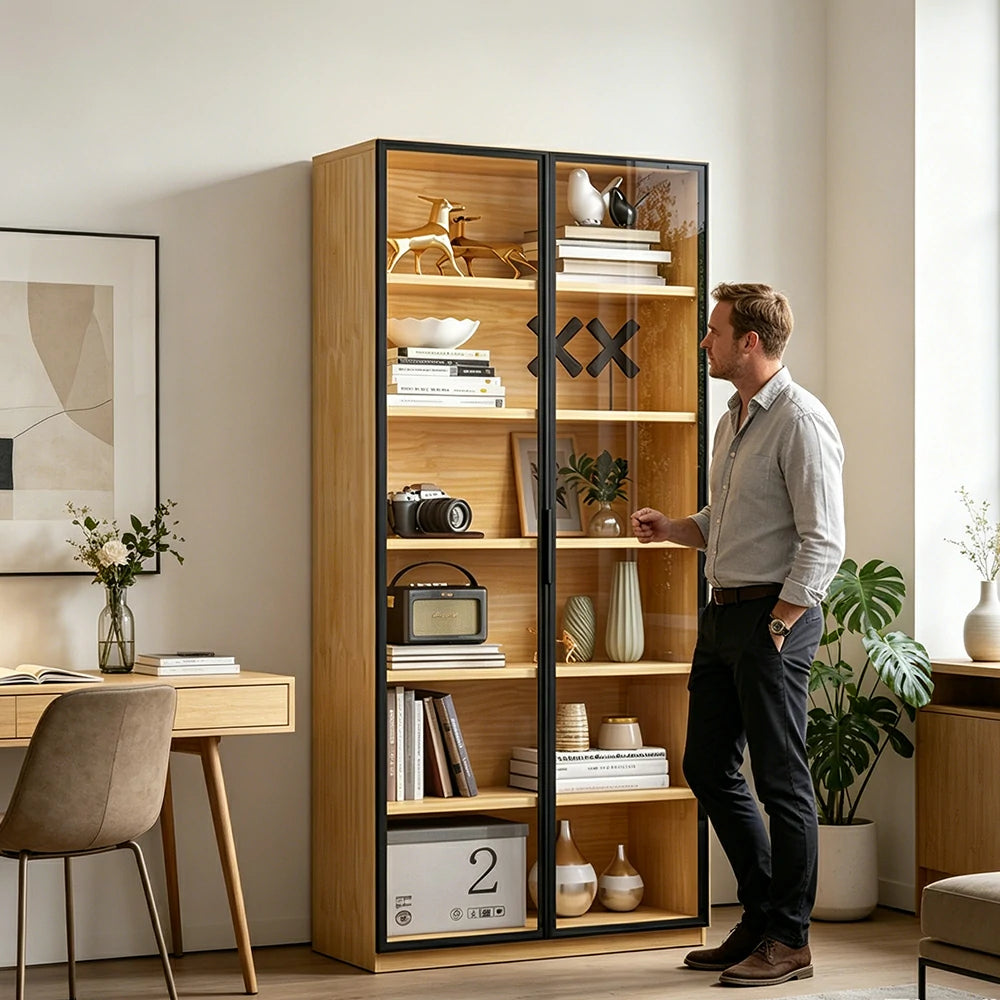 LIVARA 2-Door Display Cabinet - Solid Wood Glass Storage 207/240cm for Living Room & Office - Light Wood