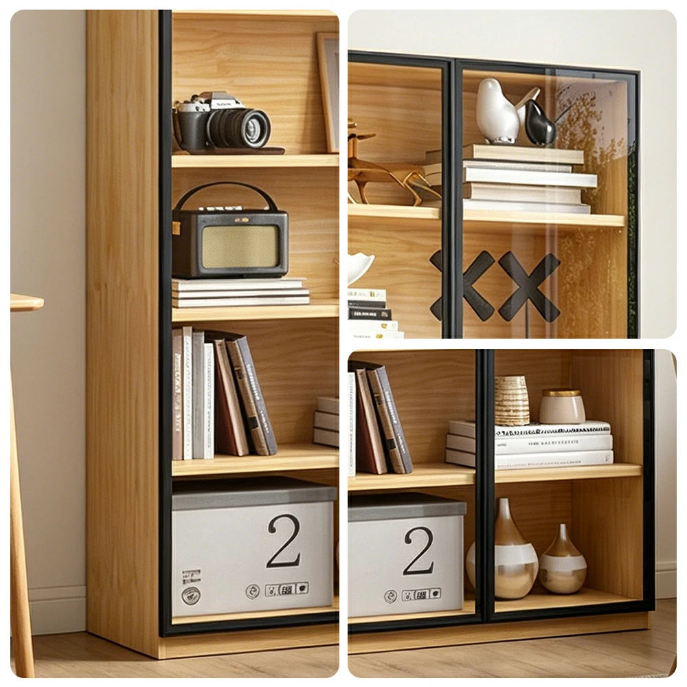 LIVARA 2-Door Display Cabinet - Solid Wood Glass Storage 207/240cm for Living Room & Office - Light Wood