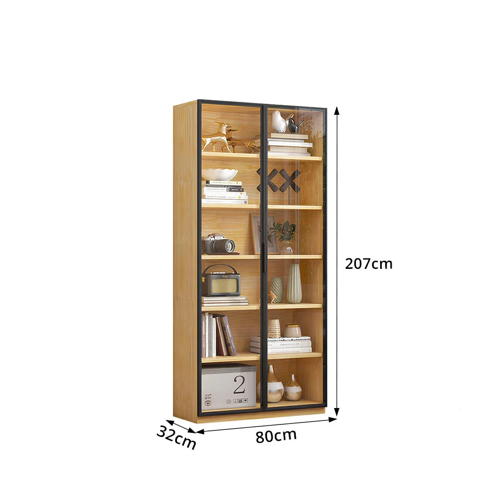 LIVARA 2-Door Display Cabinet - Solid Wood Glass Storage 207/240cm for Living Room & Office - Light Wood