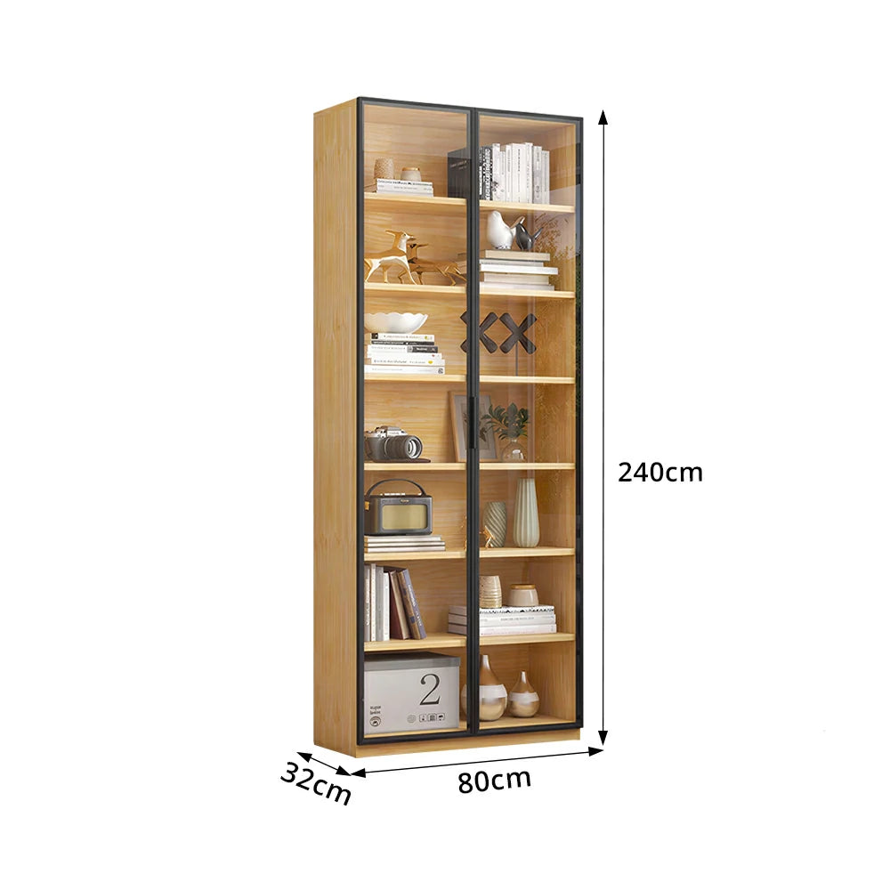 LIVARA 2-Door Display Cabinet - Solid Wood Glass Storage 207/240cm for Living Room & Office - Light Wood