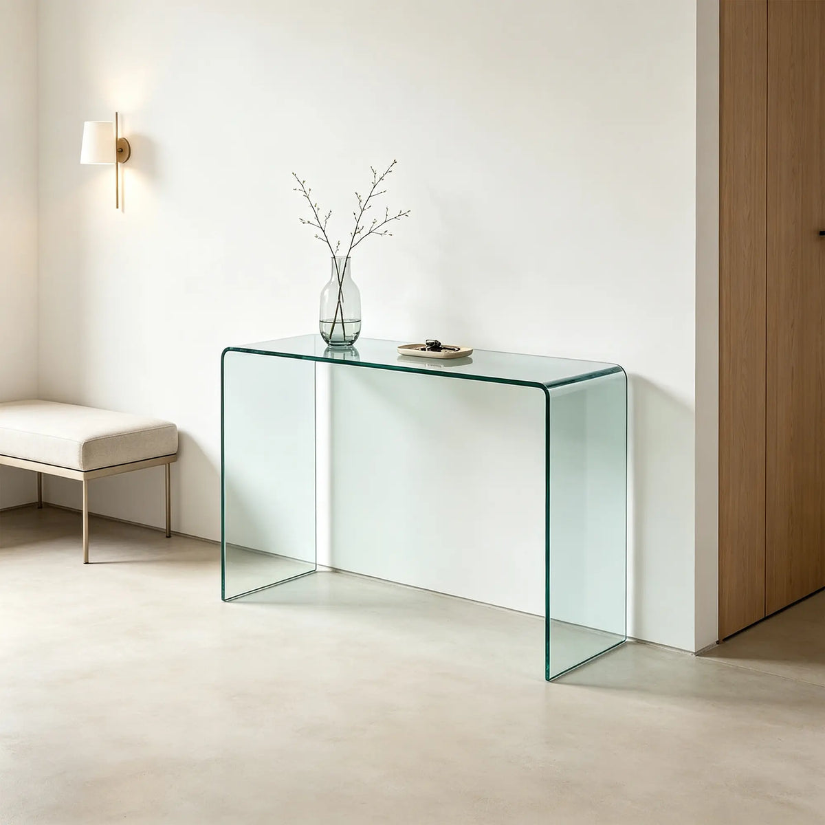 LIVARA Tempered Glass Console Table 12mm Thick One Piece Bent Design 150/160cm for Entryway Hallway Living Room Sofa Back - White