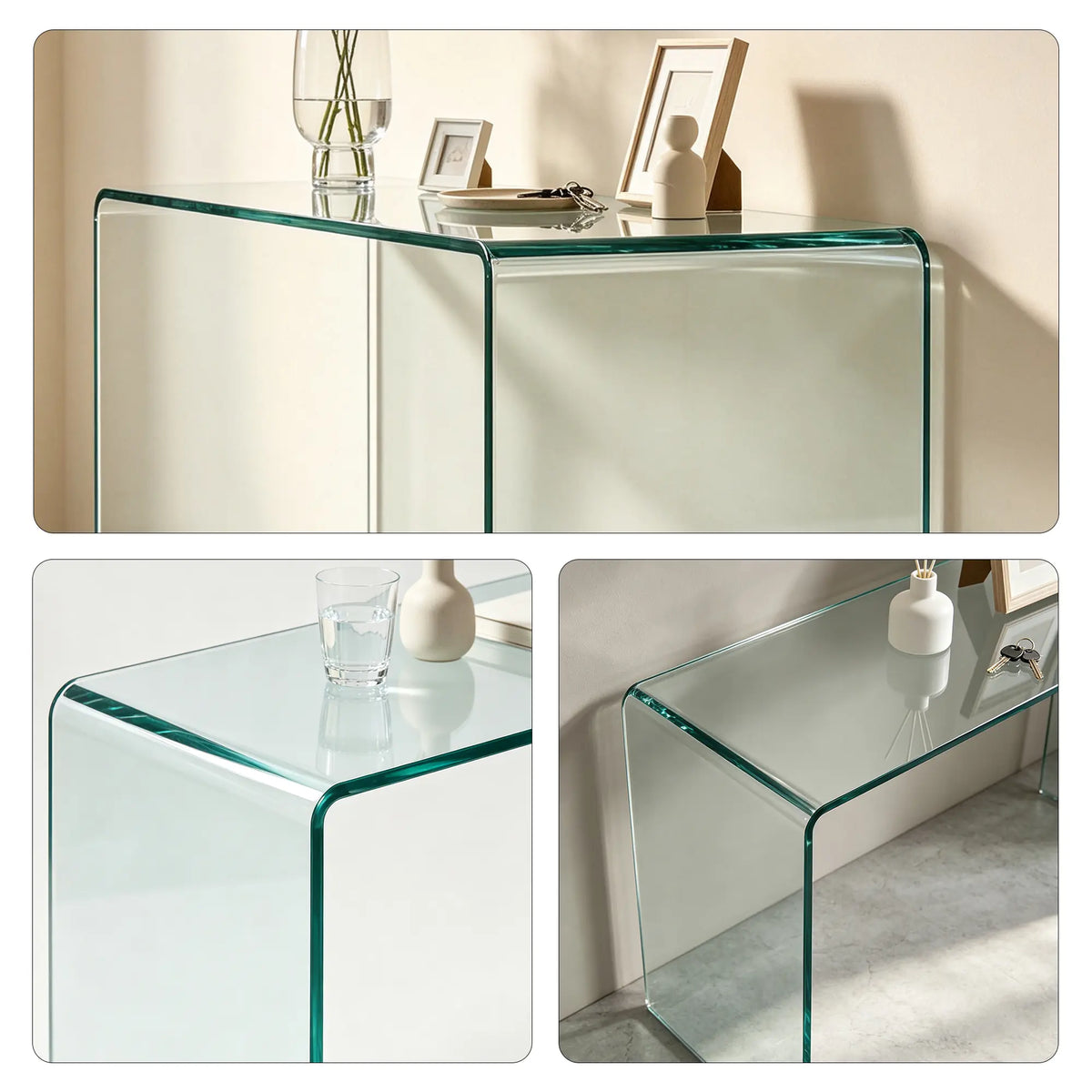LIVARA Tempered Glass Console Table 12mm Thick One Piece Bent Design 150/160cm for Entryway Hallway Living Room Sofa Back - White