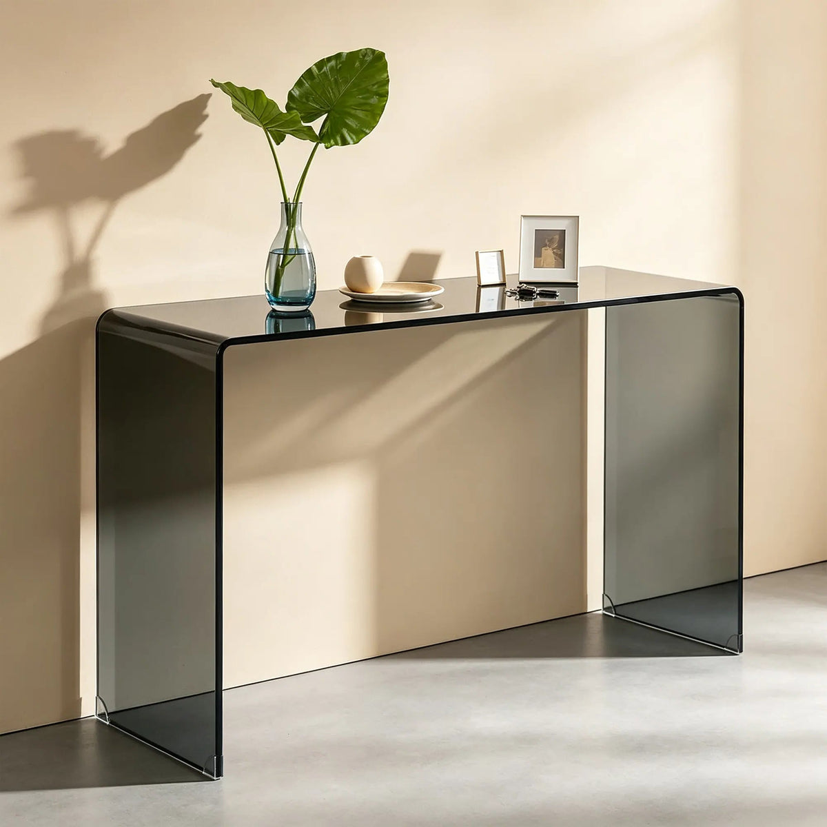 LIVARA Tempered Glass Console Table 12mm Thick One Piece Bent Design 150/160cm for Entryway Hallway Living Room Sofa Back - Black