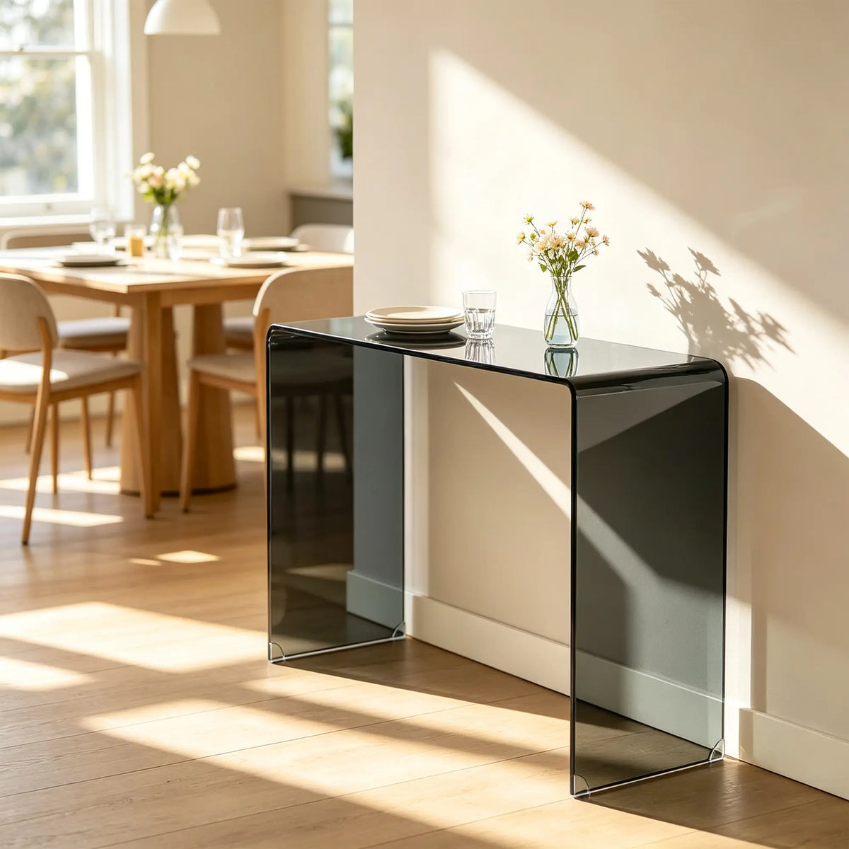 LIVARA Tempered Glass Console Table 12mm Thick One Piece Bent Design 150/160cm for Entryway Hallway Living Room Sofa Back - Black