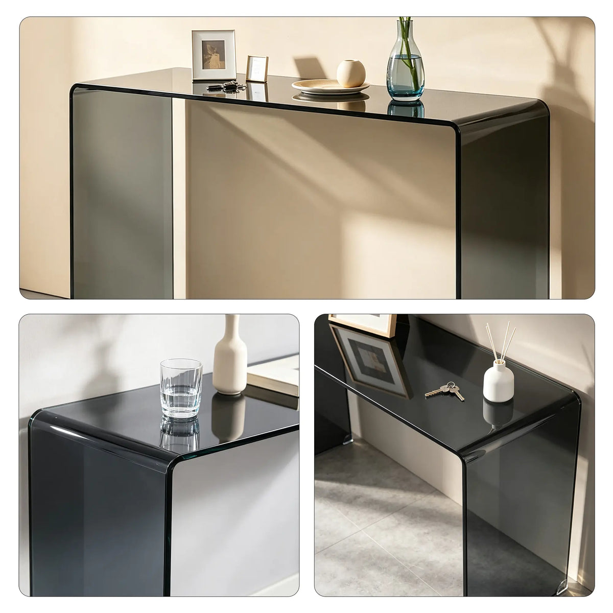 LIVARA Tempered Glass Console Table 12mm Thick One Piece Bent Design 150/160cm for Entryway Hallway Living Room Sofa Back - Black