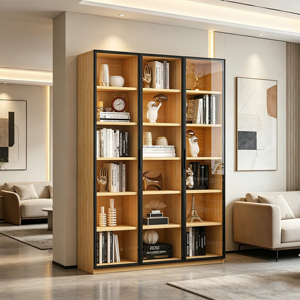LIVARA 3-Door Display Cabinet - Solid Wood Glass Storage 207/240cm Tall for Living Room & Office - Light Wood