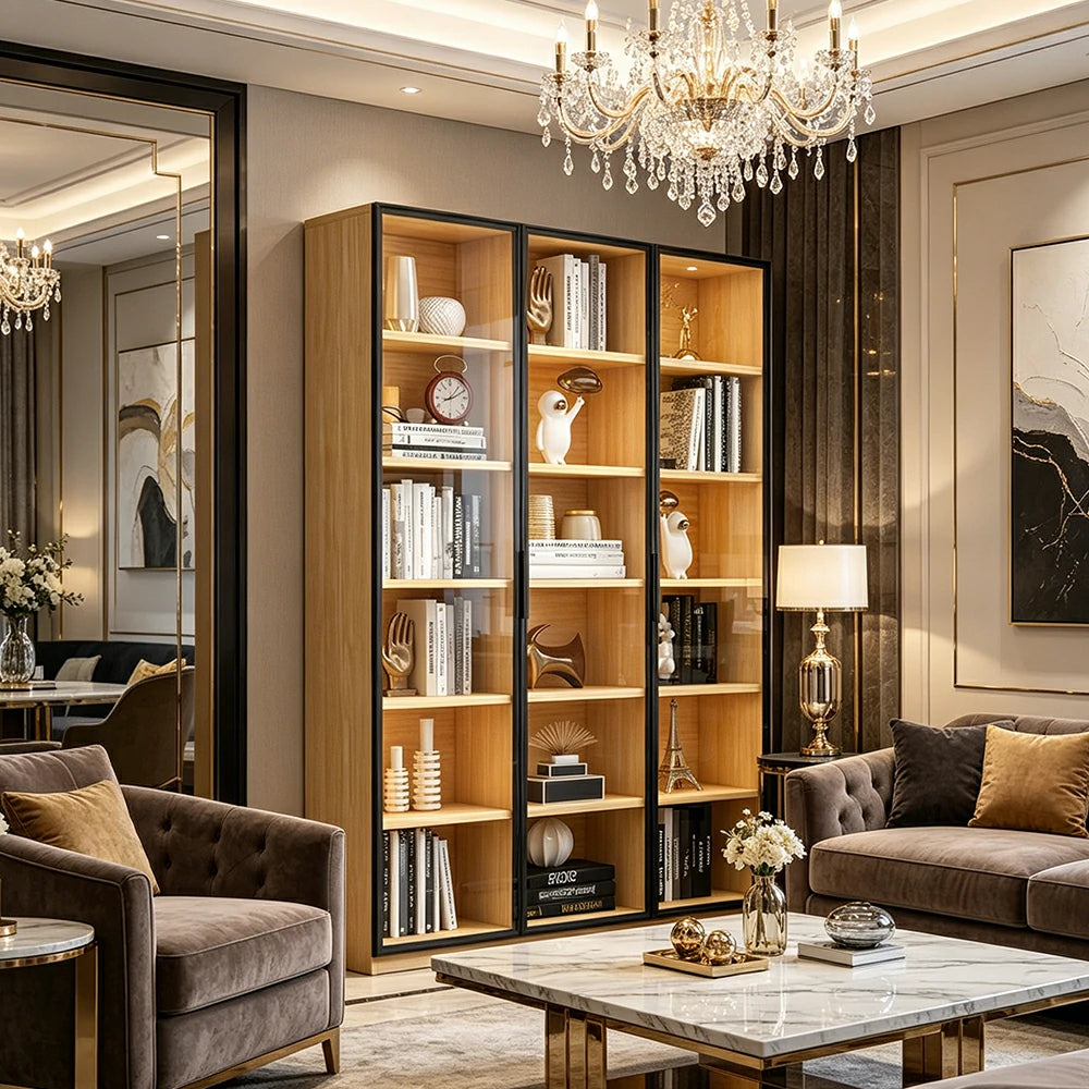 LIVARA 3-Door Display Cabinet - Solid Wood Glass Storage 207/240cm Tall for Living Room & Office - Light Wood