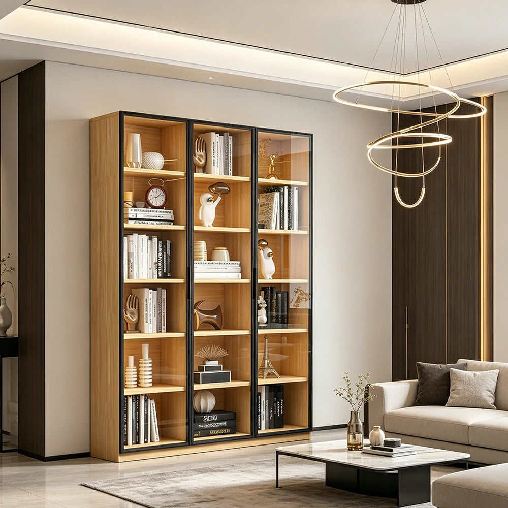 LIVARA 3-Door Display Cabinet - Solid Wood Glass Storage 207/240cm Tall for Living Room & Office - Light Wood
