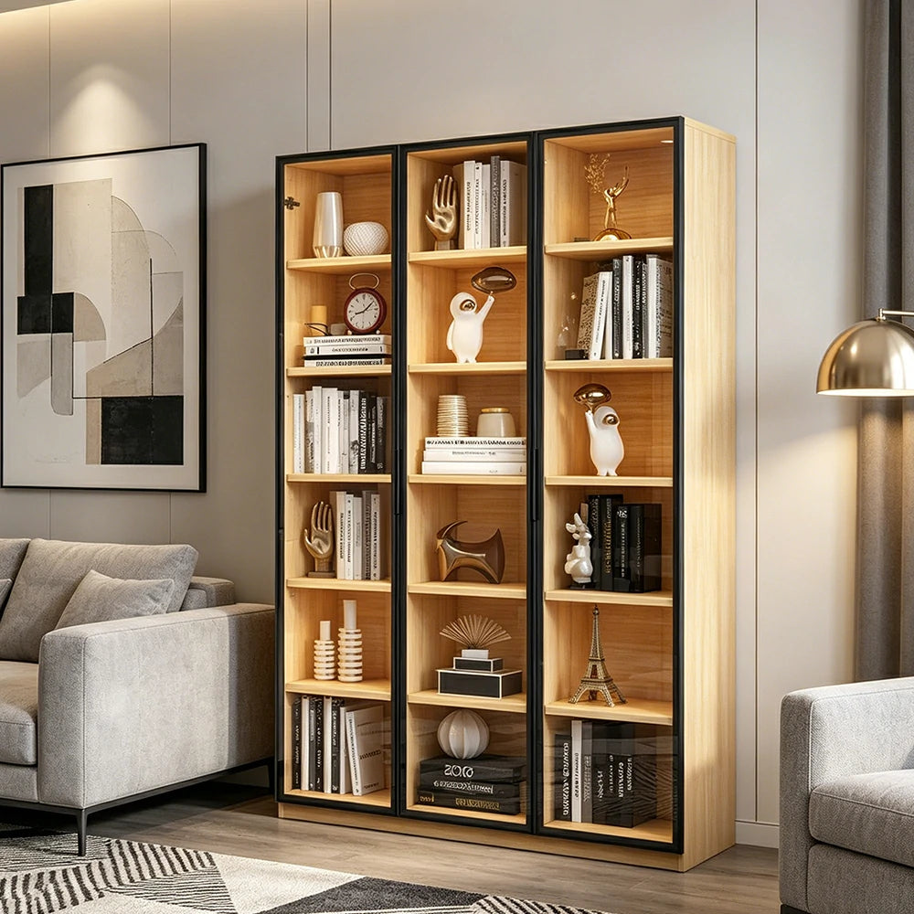 LIVARA 3-Door Display Cabinet - Solid Wood Glass Storage 207/240cm Tall for Living Room & Office - Light Wood