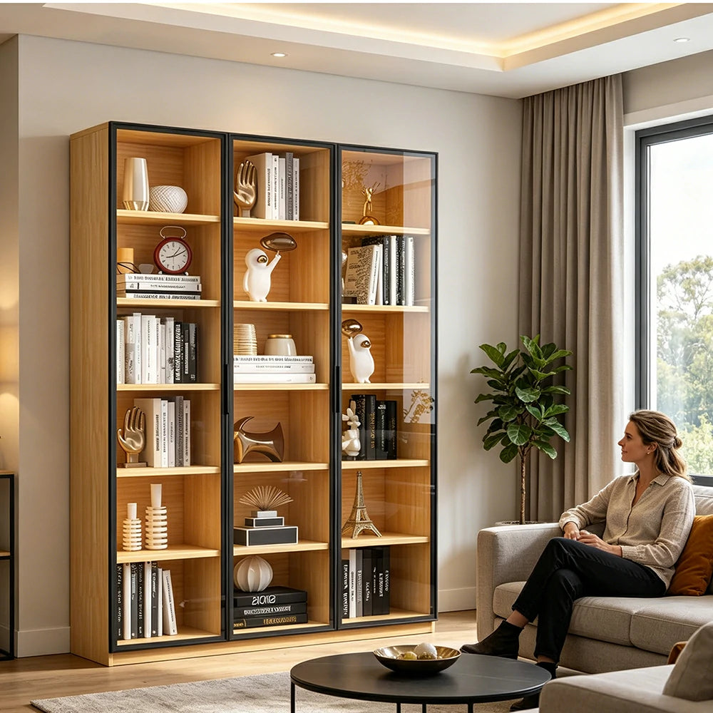 LIVARA 3-Door Display Cabinet - Solid Wood Glass Storage 207/240cm Tall for Living Room & Office - Light Wood