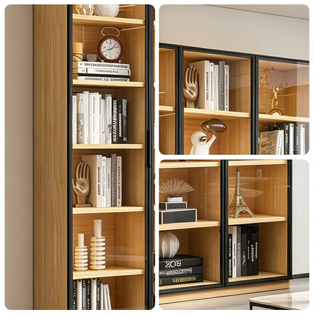 LIVARA 3-Door Display Cabinet - Solid Wood Glass Storage 207/240cm Tall for Living Room & Office - Light Wood