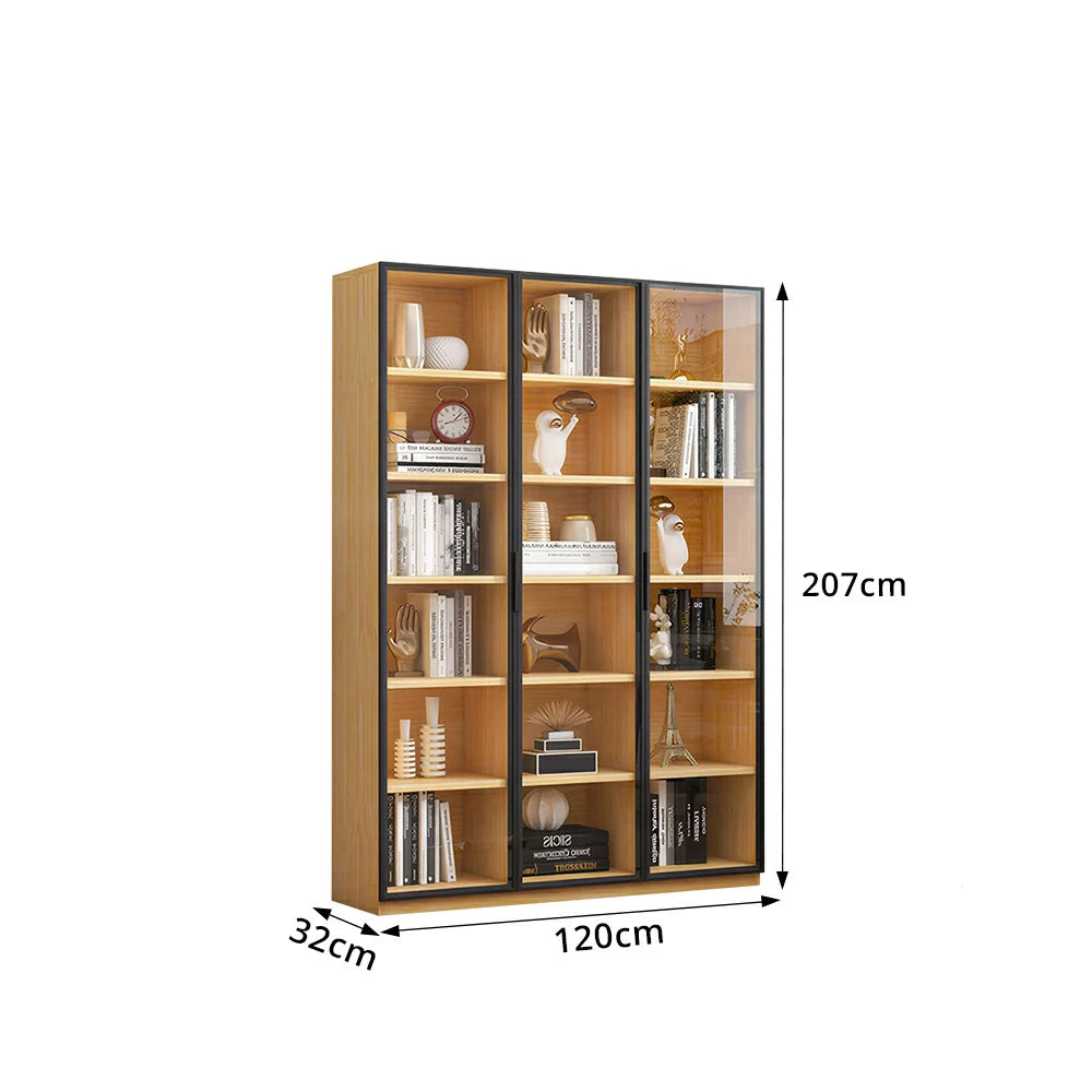 LIVARA 3-Door Display Cabinet - Solid Wood Glass Storage 207/240cm Tall for Living Room & Office - Light Wood