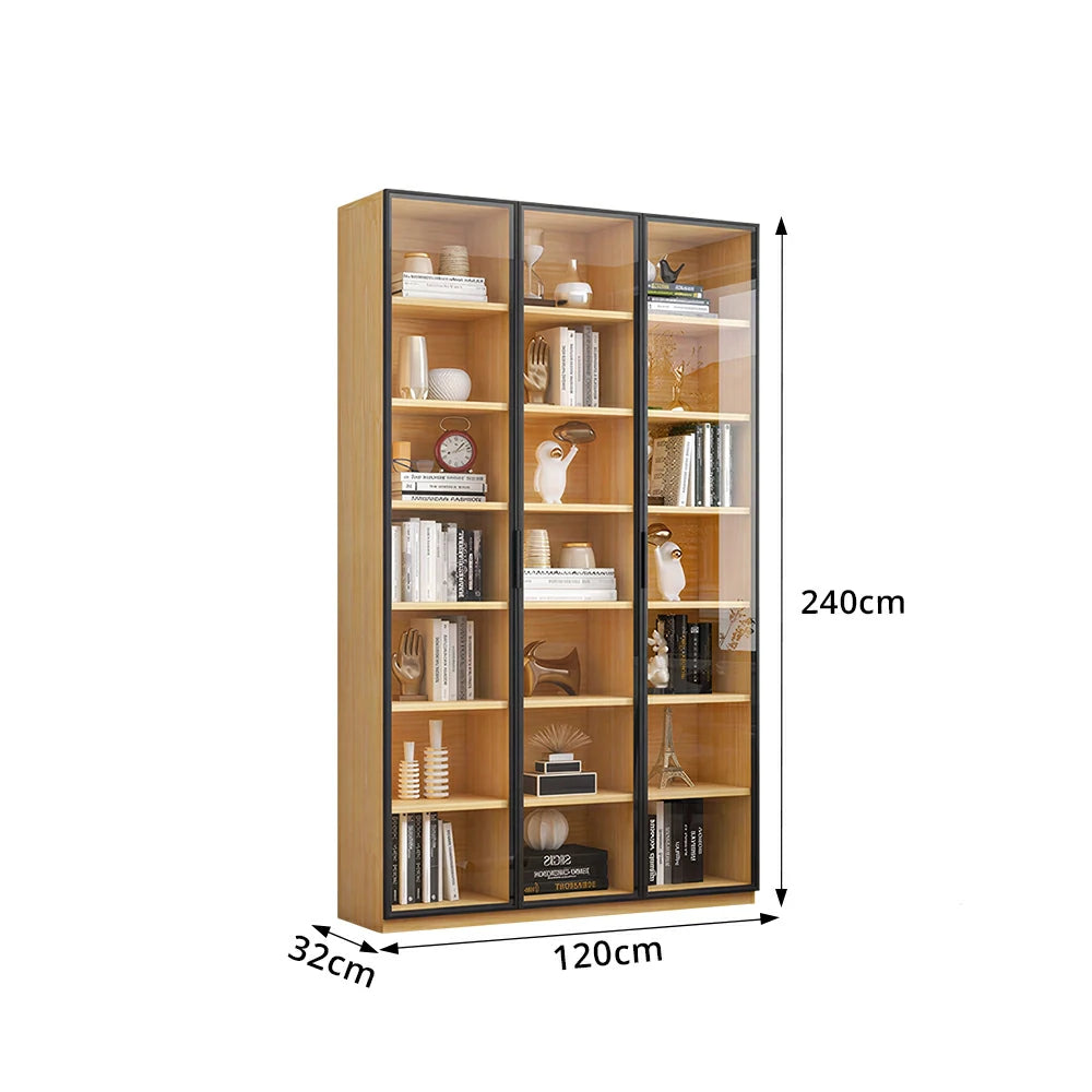 LIVARA 3-Door Display Cabinet - Solid Wood Glass Storage 207/240cm Tall for Living Room & Office - Light Wood