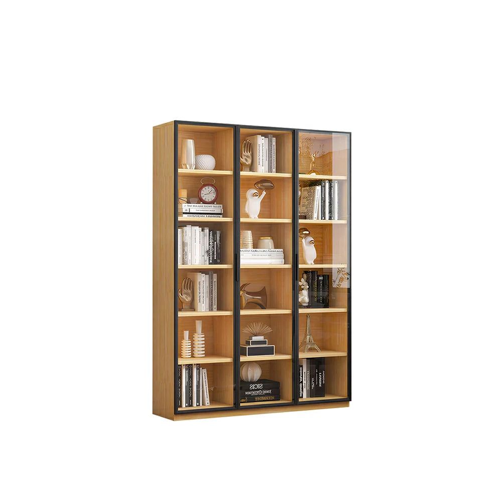 LIVARA 3-Door Display Cabinet - Solid Wood Glass Storage 207/240cm Tall for Living Room & Office - Light Wood