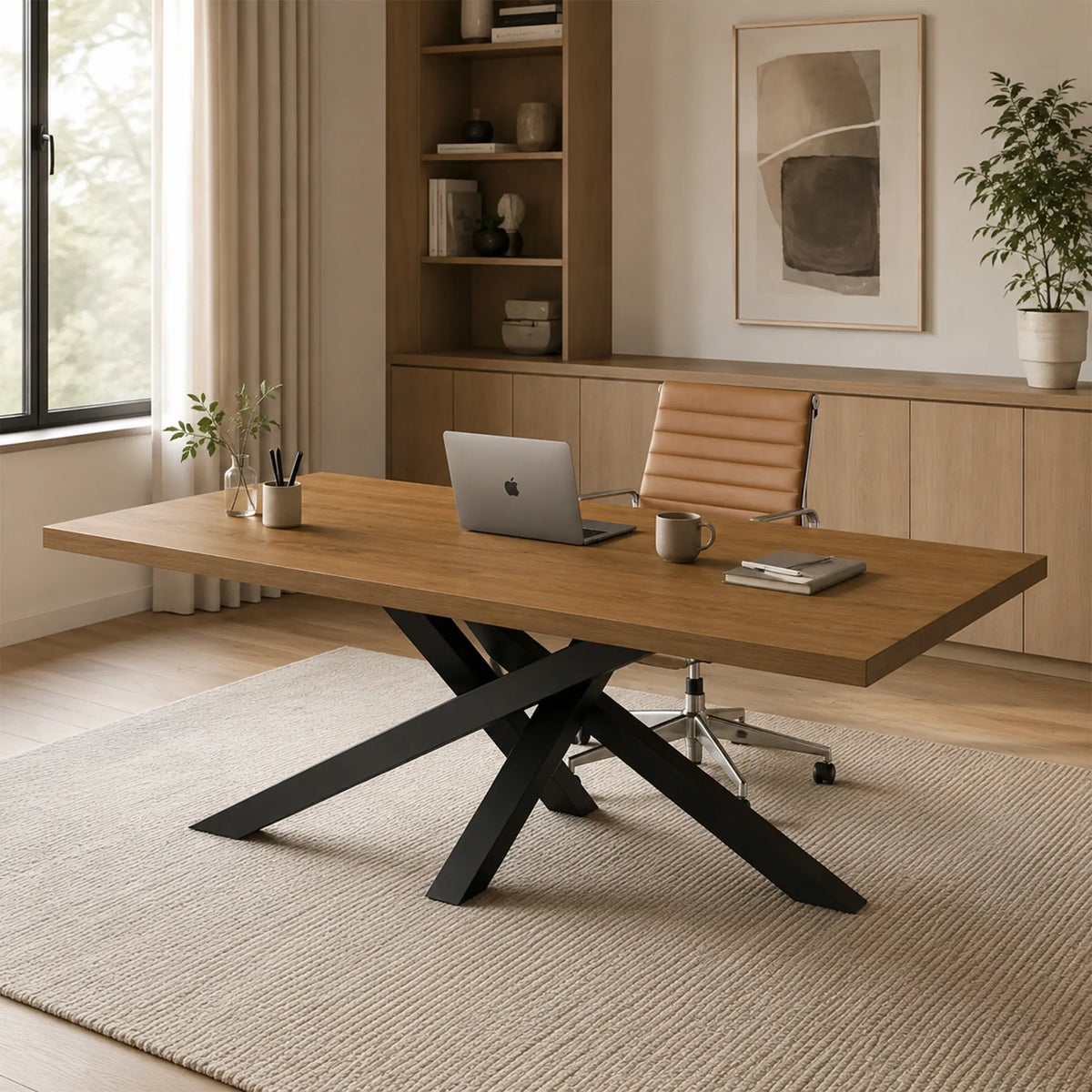 LIVARA Solid Wood Desk Natural Wood Top Metal Legs Water Based Paint for Home Office Study Bedroom Reading Workspace - Walnut & Black