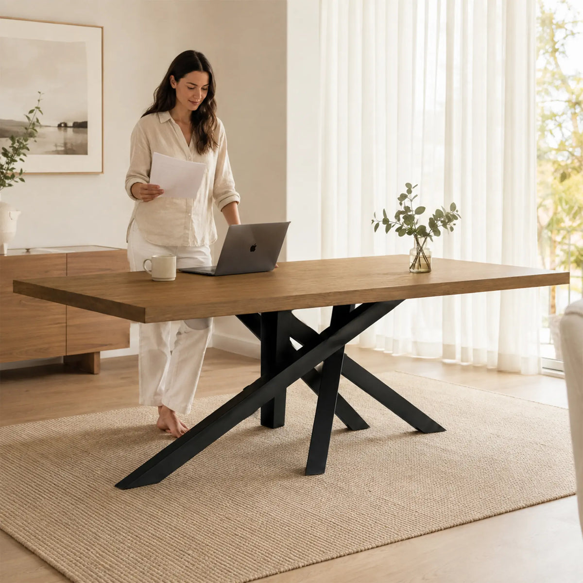 LIVARA Solid Wood Desk Natural Wood Top Metal Legs Water Based Paint for Home Office Study Bedroom Reading Workspace - Walnut & Black