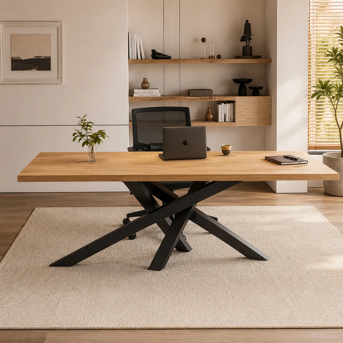 LIVARA Solid Wood Desk Natural Wood Top Metal Legs Water Based Paint for Home Office Study Bedroom Reading Workspace - Wood & Black