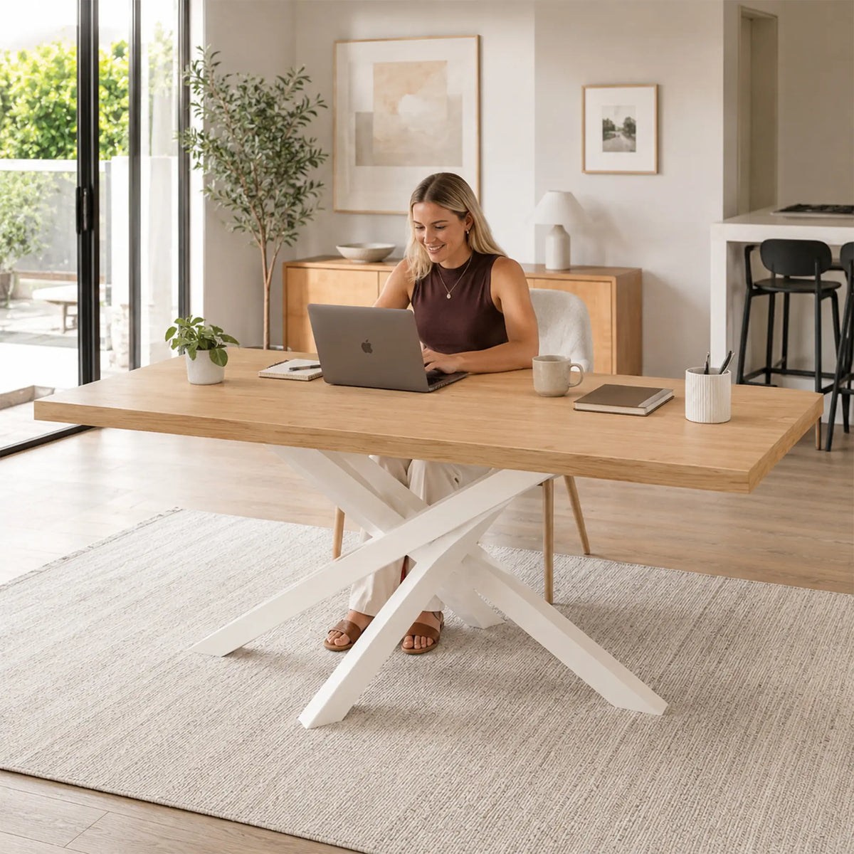 LIVARA Solid Wood Desk Natural Wood Top Metal Legs Water Based Paint for Home Office Study Bedroom Reading Workspace - Wood & White
