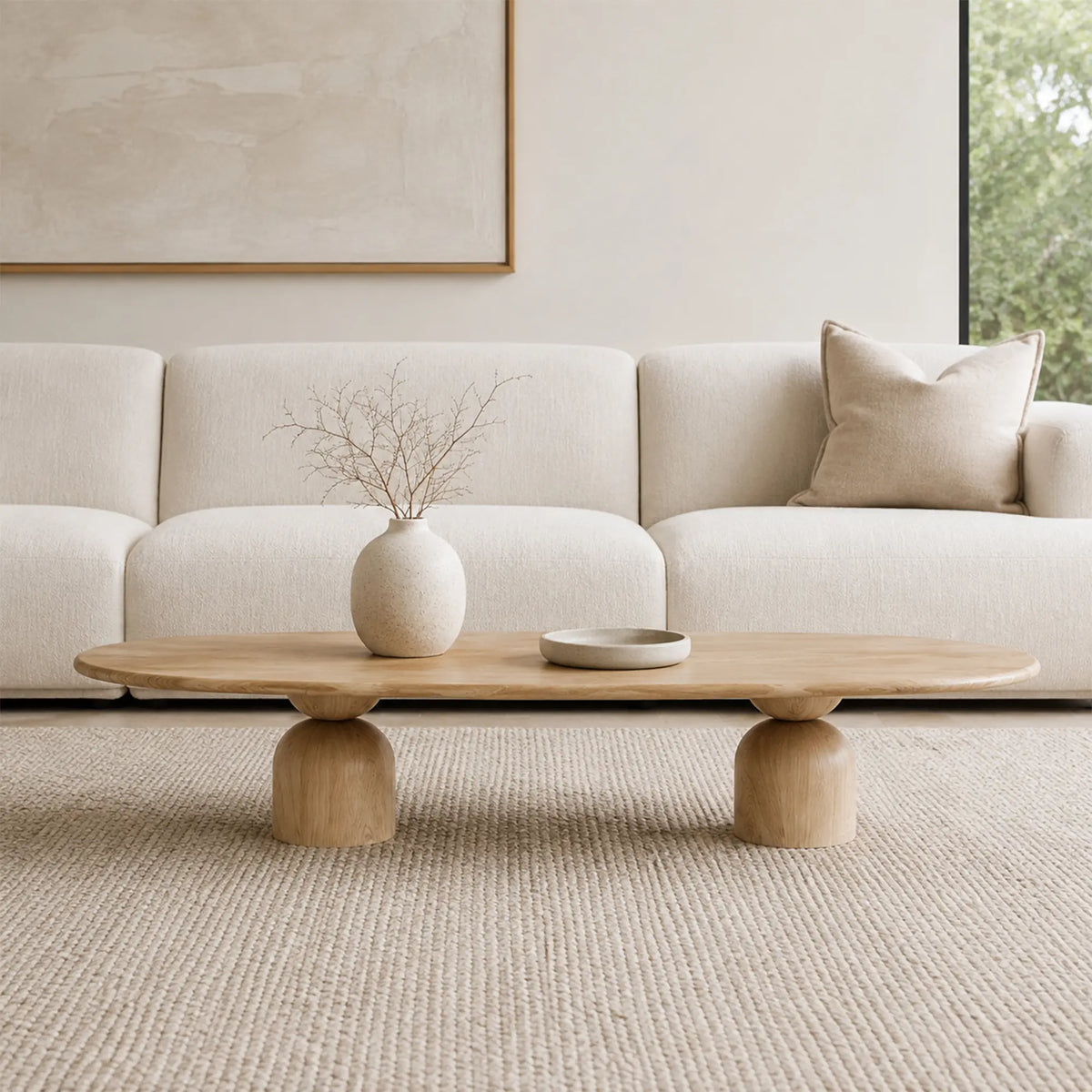 LIVARA Modern Solid Wood Dining Table Oval Top Sculptural Column Base Natural Wood Design for Dining Room Living Room Meeting Space