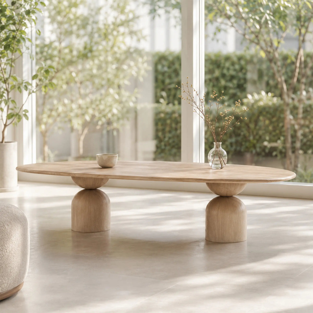 LIVARA Modern Solid Wood Dining Table Oval Top Sculptural Column Base Natural Wood Design for Dining Room Living Room Meeting Space