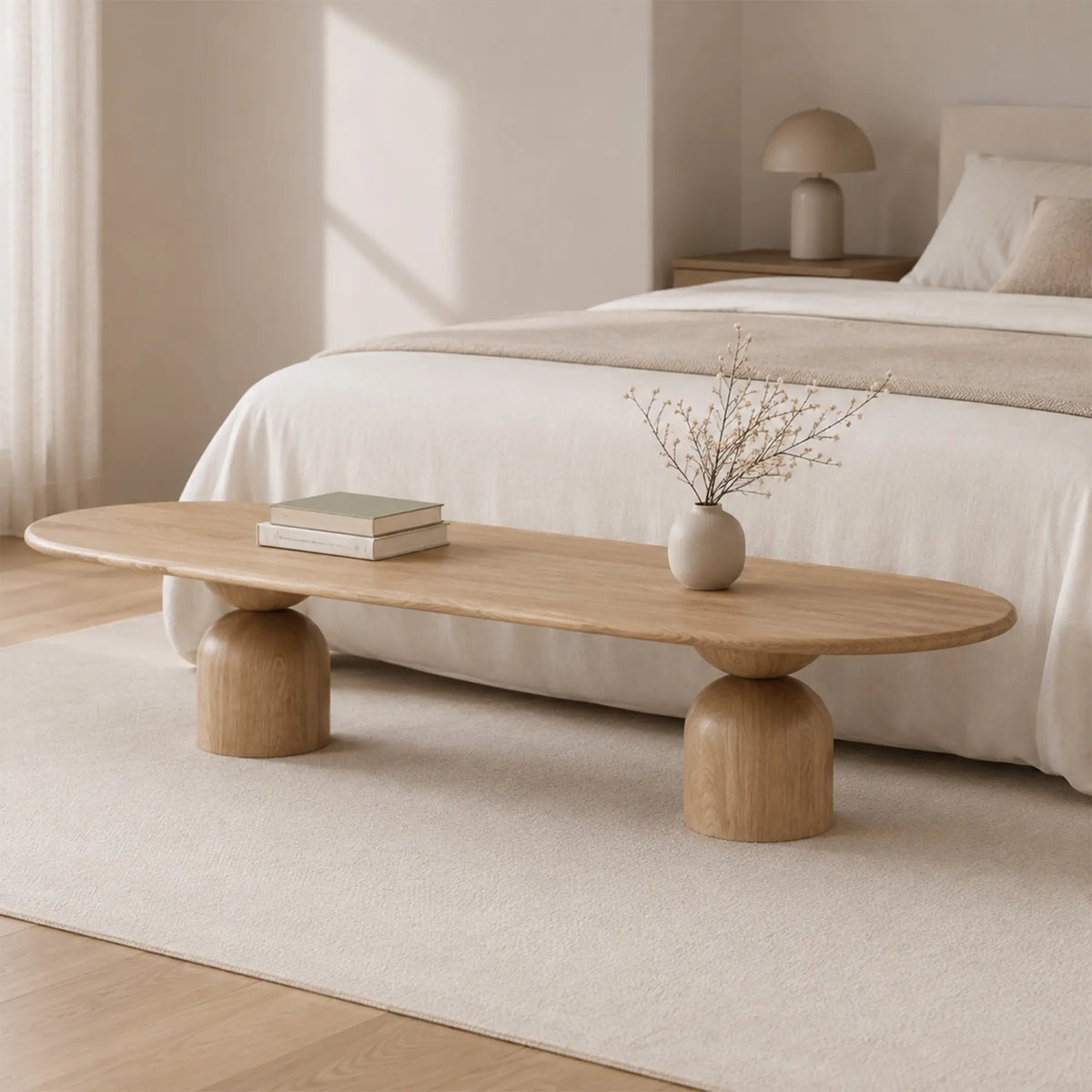 LIVARA Modern Solid Wood Dining Table Oval Top Sculptural Column Base Natural Wood Design for Dining Room Living Room Meeting Space