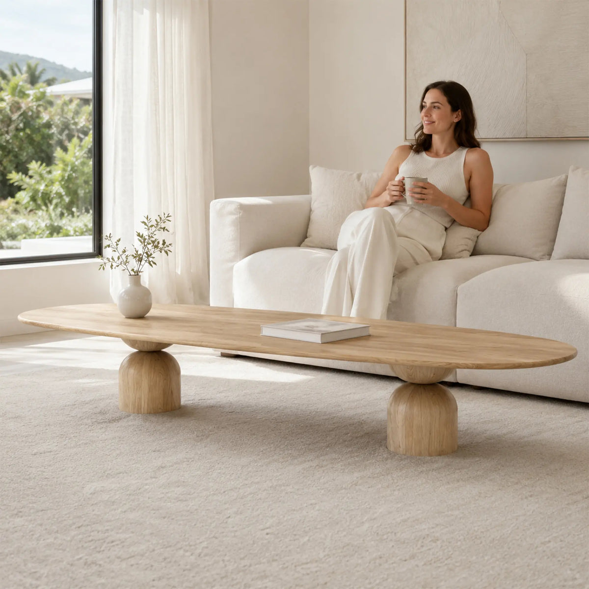 LIVARA Modern Solid Wood Dining Table Oval Top Sculptural Column Base Natural Wood Design for Dining Room Living Room Meeting Space